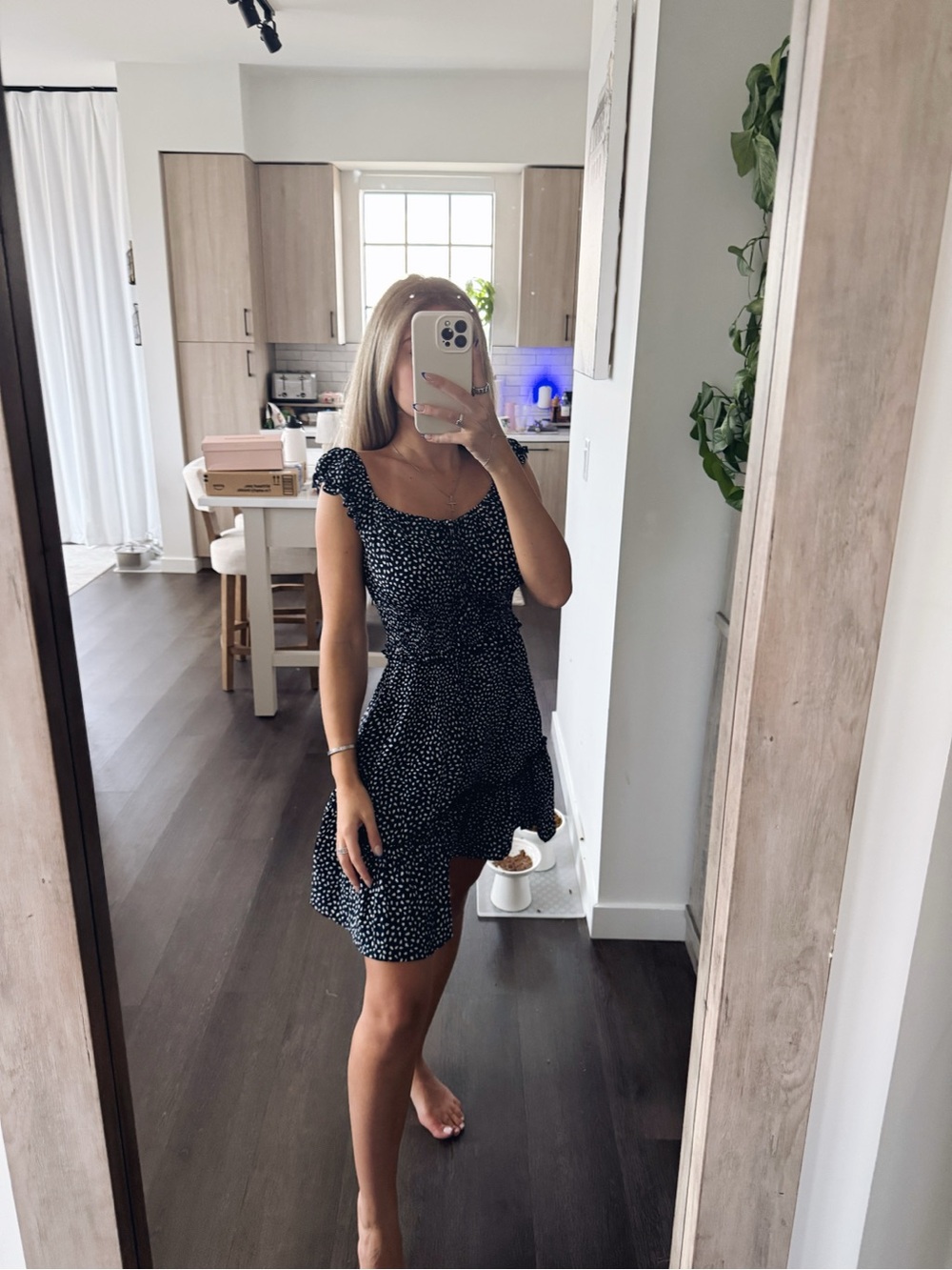Navy Polka Dot Ruffle Wrap Dress (Size Small)